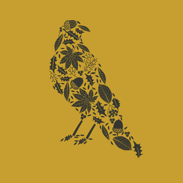 Cartão de outono em forma de corvo com bolotas, galhos de árvore, galhos de bagas de Rowan
 - Vetor, Imagem