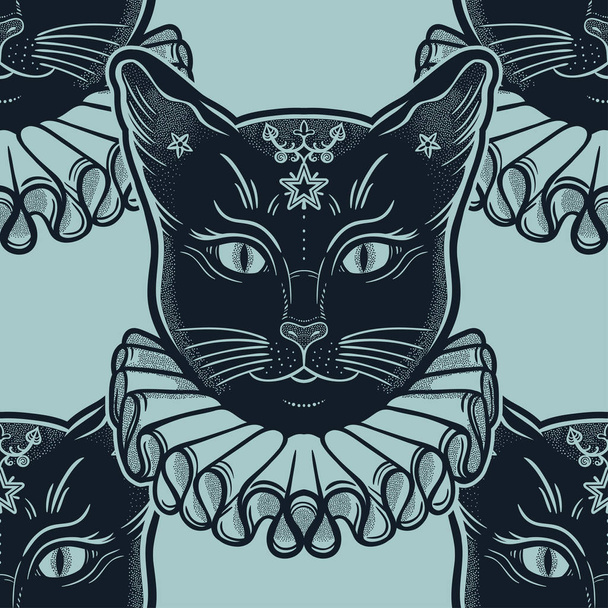 Μαύρη γάτα σε ένα μοτίβο απρόσκοπτη εκλεκτής ποιότητας περιλαίμιο. - Διάνυσμα, εικόνα