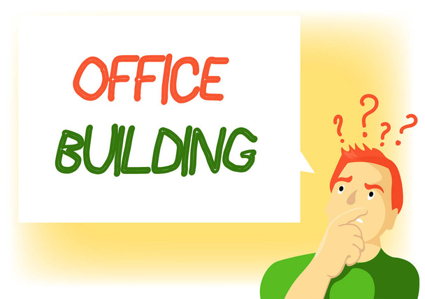 A escrever uma nota a mostrar o edifício do escritório. Foto de negócios mostrando edifícios comerciais são usados para fins comerciais
 - Foto, Imagem
