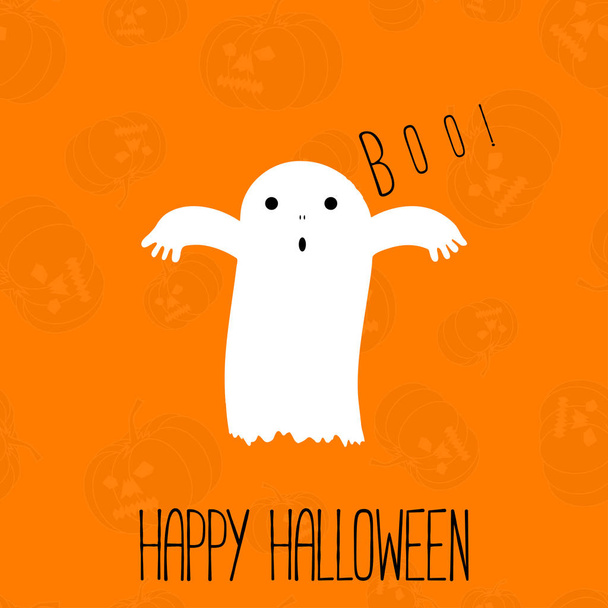 Happy Halloween text lettering with cute funny ghost on pumpkins background. Halloween background. Vector. - Vector, Image