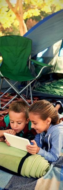Siblings using tablet outside the tent at campsite - Foto, Bild