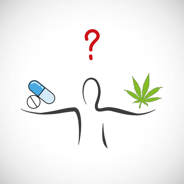 cannabis or chemical tablets medicine decision medicinal marijuana symbol - Vector, Image
