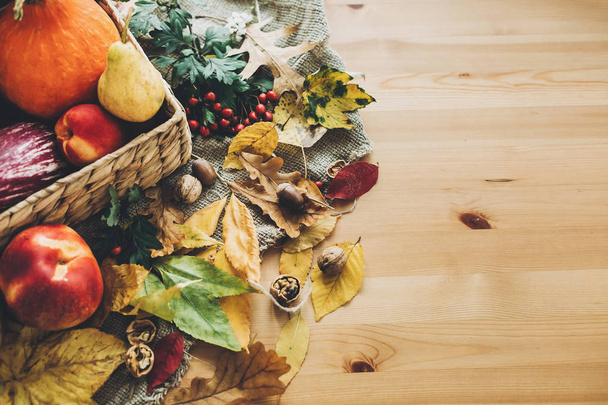 Hello Autumn. Pumpkin and vegetables in basket and colorful leaves with acorns and nuts on wooden table, top view. Bright Fall image. Harvest time. Happy Thanksgiving flat lay - Photo, Image