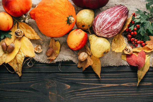 幸せな感謝祭のコンセプトです。カボチャ、秋野菜のカラフルな葉、どんぐり、ナットの美しい構図は、木製の素朴なテーブル、フラットに果実が横たわっていた。テキストのためのスペース。秋のシーズン - 写真・画像