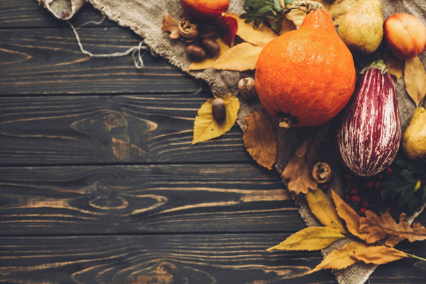 Šťastné díkůvzdání koncept. Krásná skladba dýně, podzimní zelenina s barevnými listy, žaludy, ořechy, bobule na dřevěný rustikální stůl. Prostor pro text. Příjemný podzim - Fotografie, Obrázek
