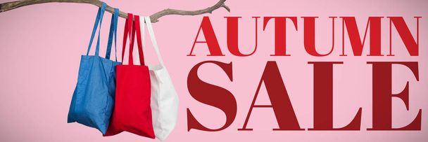 Canvas bags against pink background and autumn sale  - Φωτογραφία, εικόνα