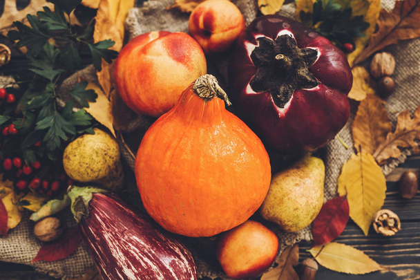 Счастливого Дня Благодарения. Красивая композиция тыквы, осенние овощи с красочными листьями, желуди, орехи, ягоды на деревянном деревенском столе. Открытки осеннего сезона
 - Фото, изображение