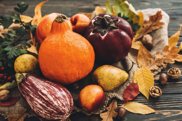 Happy Thanksgiving concept. Beautiful Pumpkin, vegetables on bright autumn leaves, acorns, nuts on wooden rustic table. Space for text. Fall season greeting card. Atmospheric image - Photo, Image