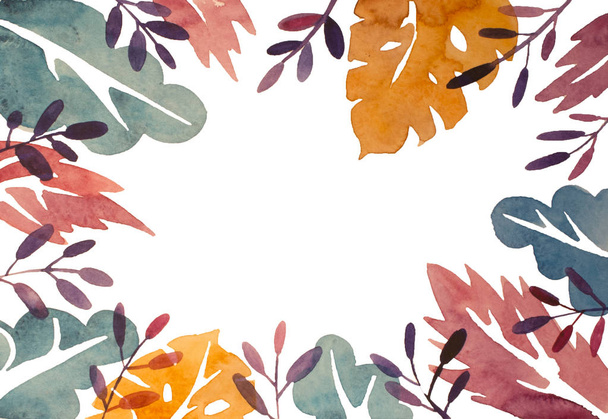 Watercolor abstract leaves frame, colorful floral frame isolated on white background - Fotó, kép