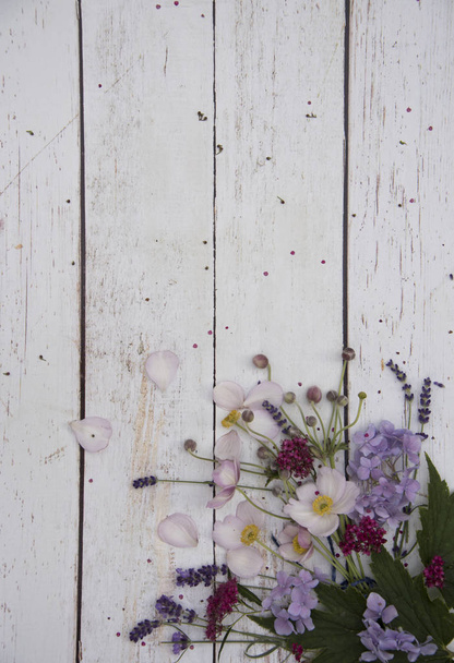 Fresh wildflowers on white wooden planks background - Foto, immagini