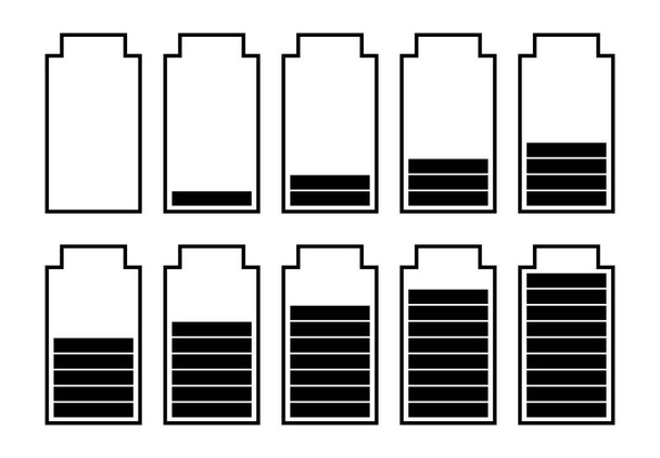 ein Satz von zehn Batterien mit unterschiedlichen Ladeindikatoren - Vektor, Bild