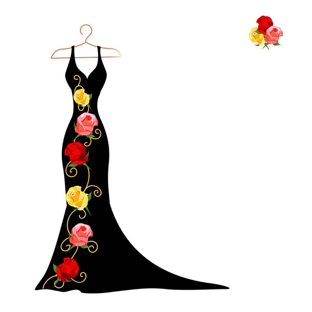 花とレースのハンガーにドレスのシルエット。ベクトル図. - ベクター画像