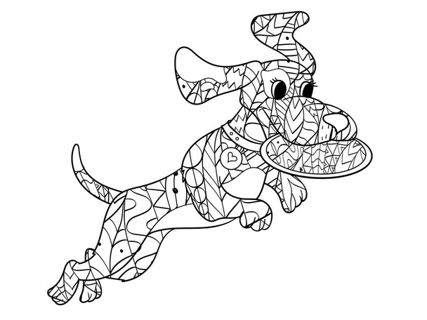 Antistress boyama köpek frizbi oynuyor. Karalamalar, çizgi, desen. Raster - Fotoğraf, Görsel