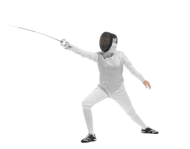 Young female fencer on white background - Foto, afbeelding