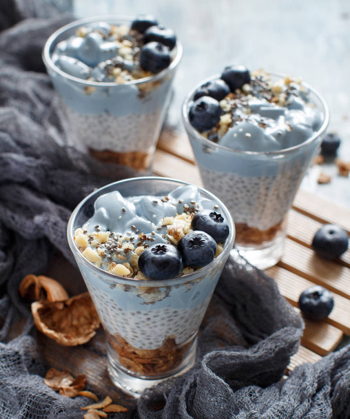 Blueberries and yogurt chia pudding parfait in a glass close up - Photo, image