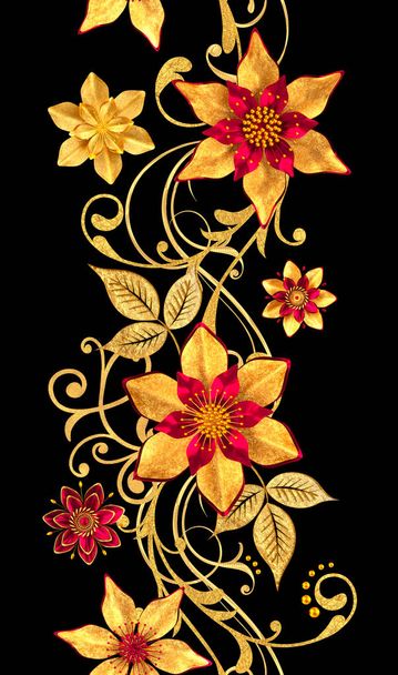 3d rendering. Seamless pattern. Golden textured curls. Oriental style arabesques, stylized flowers, delicate shiny swirl, paisley element, shining background. - Foto, Imagem