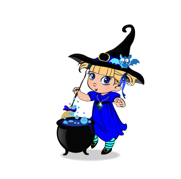 Ilustración de dibujos animados vectorial de la pequeña bruja bebé rubia en vestido azul y murciélago lindo en su sombrero revolver poción hirviendo con palo de escoba en caldero sobre fondo blanco. Personaje de arte clip de Halloween
 - Vector, imagen