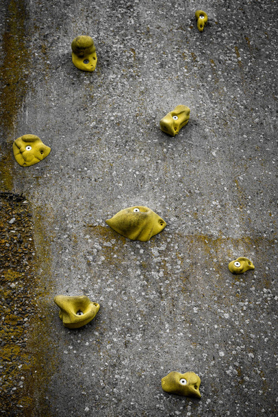 Parede de escalada com pegas amarelas em concreto em alinhamento vertical chegando ao topo
 - Foto, Imagem