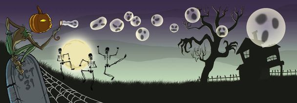 Jack-o-linterna soplando burbujas de fantasmas con esqueletos de baile en el fondo
  - Foto, imagen