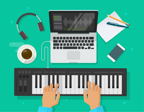 Musician workspace studio vector illustration, flat cartoon person playing midi piano keyboard, compose electronic music on computer laptop with and sequencer software top view, musician writing song - Vektor, Bild