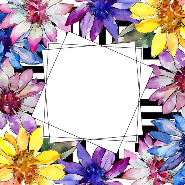 Watercolor colorful african daisy flower. Floral botanical flower. Frame border ornament square. - Fotó, kép