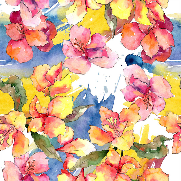 カラフルな水彩のアルストロメリアの花。花植物の花。シームレスな背景パターン。壁紙印刷手触りの生地。背景、テクスチャ、ラッパー パターン、ボーダー aquarelle ワイルドフラワー. - 写真・画像