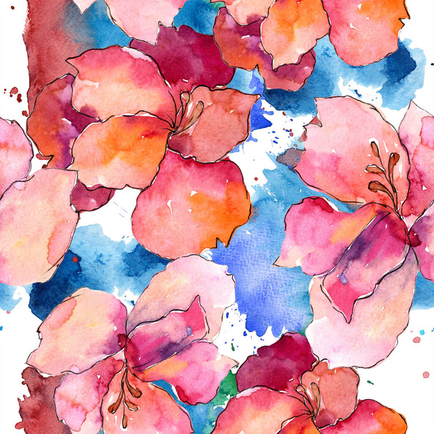 Akvarell színes alstroemeria virág. Virágos botanikai virág. Varratmentes háttérben minta. Szövet nyomtatási textúrát. Az Aquarelle vadvirág, a háttér, a textúra, a burkoló minta, a határ. - Fotó, kép
