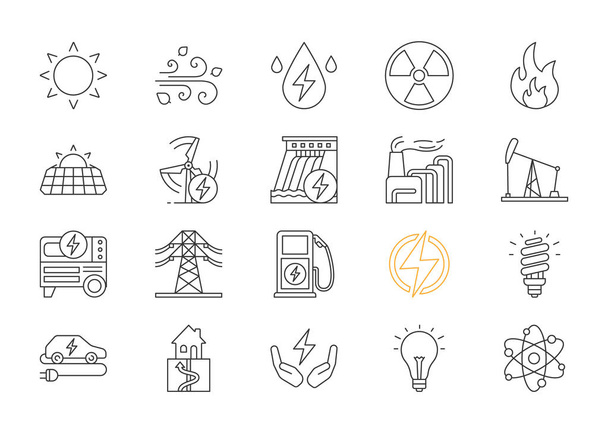 Lineare Symbole für elektrische Energie auf weißem Hintergrund - Vektor, Bild