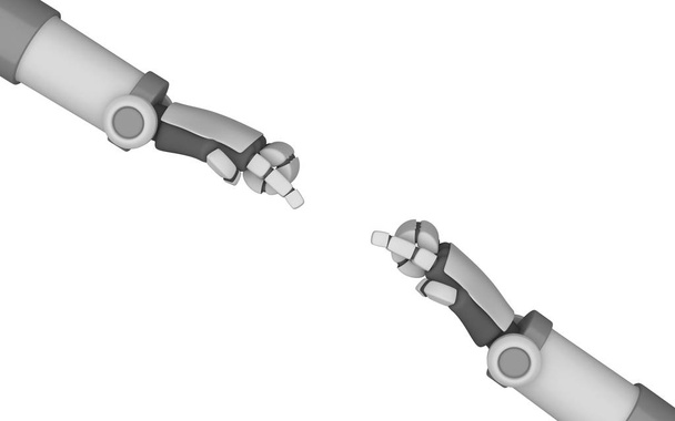 Robot ręce, wskazując na siebie na białym tle na białym tle w koncepcji futurystyczna technologia. Sztuczna inteligencja. ilustracja 3D - Zdjęcie, obraz