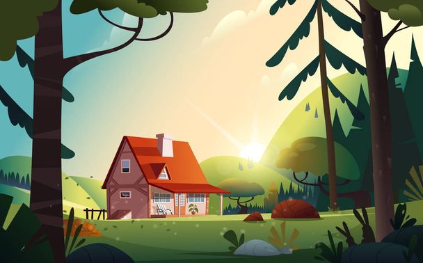 Landhuis in het bos. Boerderij op het platteland. Huisje tussen de bomen. Cartoon vector illustratie - Vector, afbeelding