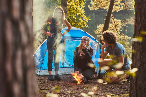Три друзі-поводирі розважаються в таборі в лісі
.  - Фото, зображення