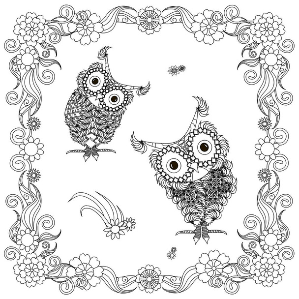 Monochrome doodle hand drawn stylized owls in flowers frame. Anti stress stock vector illustration design element for web, for print - Vector, Image