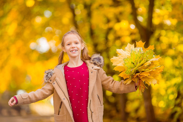 Sonbaharda sarı yapraklı sevimli küçük bir kızın portresi. - Fotoğraf, Görsel