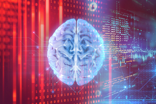 3D απόδοση του ανθρώπινου εγκεφάλου σε τεχνολογικό υπόβαθρο αντιπροσωπεύουν τεχνητή νοημοσύνη και χώρο στον κυβερνοχώρο concep - Φωτογραφία, εικόνα