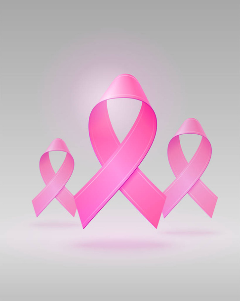 Flying Realistic Pink Ribbons on isolated light gray background. Breast cancer awareness symbol in october. Editable template for banner, poster, invitation, card, flyer. Vector illustration. - Vector, Image