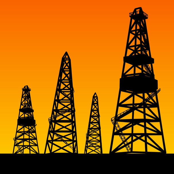 Silhouettes de plate-forme pétrolière et ciel orange
 - Photo, image
