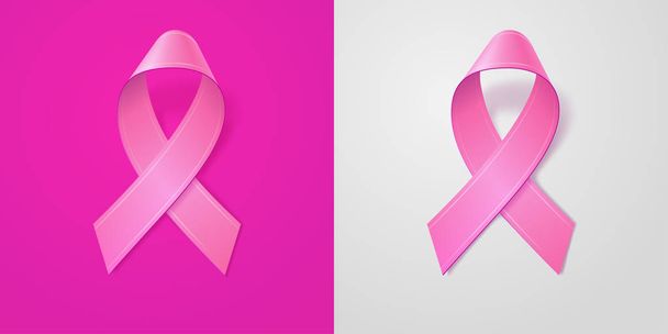 Realistic Pink Ribbon on light pink and gray background. Breast cancer awareness symbol in october. Template for banner, poster, invitation, flyer. Vector illustration. - Vector, Image