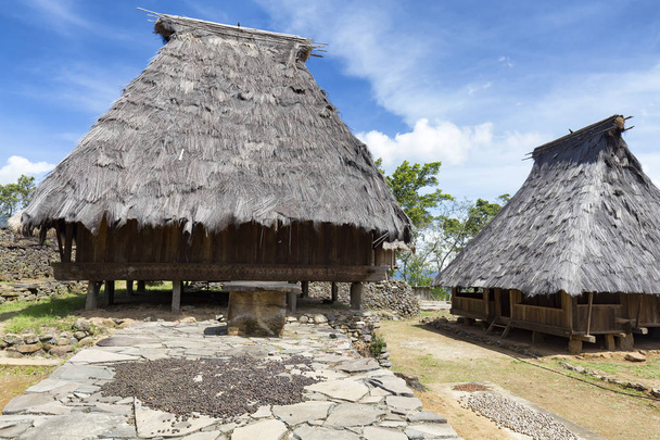 Doğu Nusa Tenggara Endonezya Kelimutu yakınlarındaki Wologai kasabada tradtional yanında güneşte kurutma kahve evleri. - Fotoğraf, Görsel