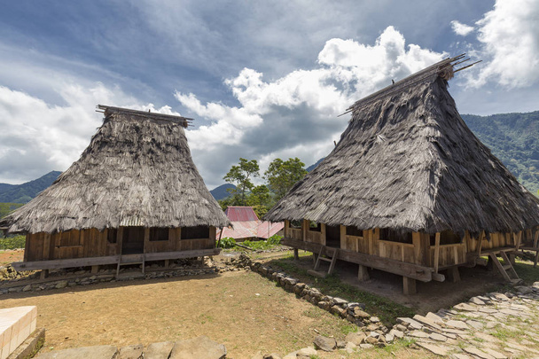 Twee traditionele huizen in het dorp Wologai in de buurt van Kelimutu in Oost-Nusa Tenggara, Indonesia. - Foto, afbeelding