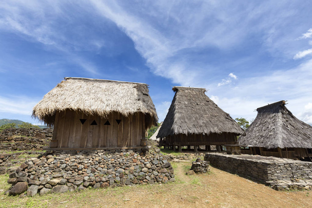Drie traditionele huizen in het dorp Wologai in de buurt van Kelimutu in Oost-Nusa Tenggara, Indonesia. - Foto, afbeelding