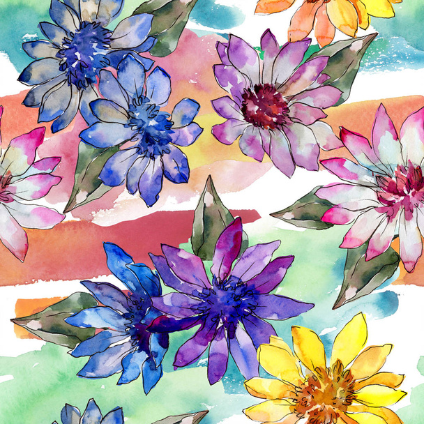 Watercolor colorful african daisy flower. Floral botanical flower. Seamless background pattern. Fabric wallpaper print texture. Aquarelle wildflower for background, texture, wrapper pattern, border. - Photo, Image