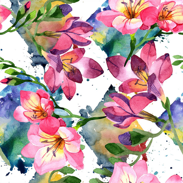 Watercolor pink freesia flower. Floral botanical flower. Seamless background pattern. Fabric wallpaper print texture. Aquarelle wildflower for background, texture, wrapper pattern, frame or border. - Foto, Imagen