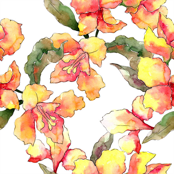 カラフルな水彩のアルストロメリアの花。花植物の花。シームレスな背景パターン。壁紙印刷手触りの生地。背景、テクスチャ、ラッパー パターン、ボーダー aquarelle ワイルドフラワー. - 写真・画像