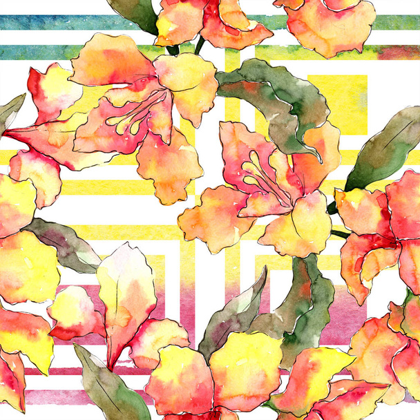 Watercolor colorful alstroemeria flower. Floral botanical flower. Seamless background pattern. Fabric wallpaper print texture. Aquarelle wildflower for background, texture, wrapper pattern, border. - 写真・画像