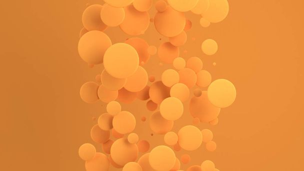 Orange discs of random size on orange background. Abstract background with circles. Cloud of circles in front of wall. 3D rendering illustration - Zdjęcie, obraz