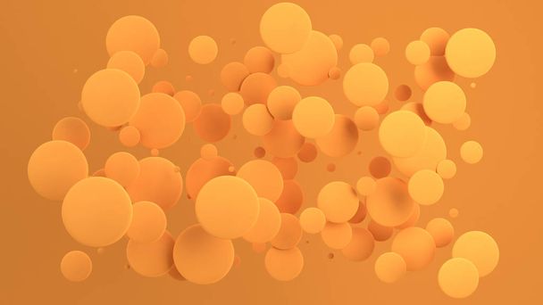 Orange discs of random size on orange background. Abstract background with circles. Cloud of circles in front of wall. 3D rendering illustration - Foto, afbeelding
