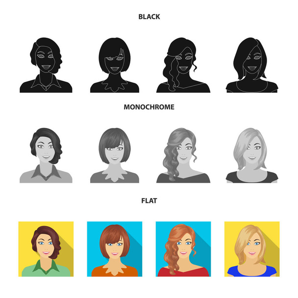髪型、少女の顔を持つ女性の姿。顔と外観は黒、フラット、モノクロ スタイル ベクトル シンボル ストック イラスト web でコレクション アイコンを設定. - ベクター画像