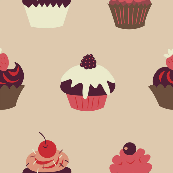 Cute children seamless pattern with a cupcakes and fruits - Vektör, Görsel