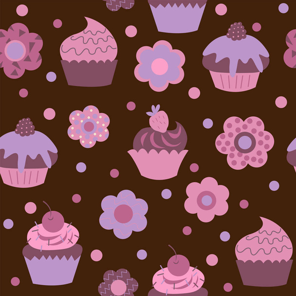 Cute child seamless background with a cupcakes and flowers - Vector, Image
