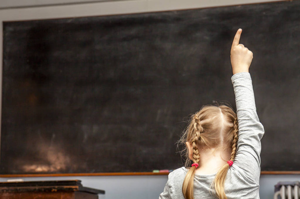 Nyilvános általános iskolai oktatás, fiatal lány, emeli a kezét az osztályteremben fogalmának - Fotó, kép